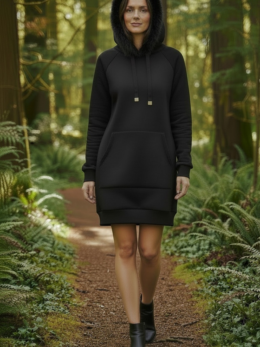 Athleta Triumph Luxe Shine Faux Fur Hoodie Dress Black Size Small Cozy